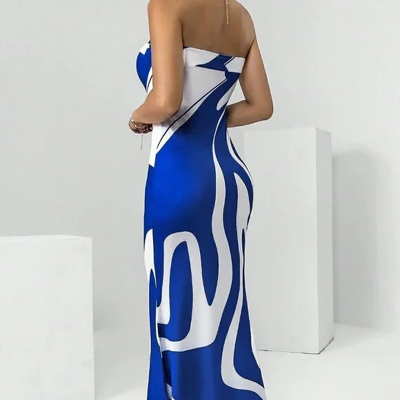 Blue Preppy Womens Graphic Two Tone Bodycon Tube Dress - Picture 2 of 5